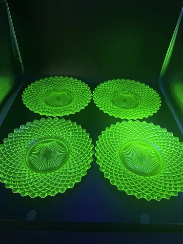 Westmoreland Uranium Vaseline Glass English Hobnail 8.25" Plates (Set of 4)