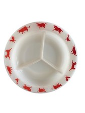 Vintage Hazel Atlas Divided Childrens Plate Milk Glass with Red Barnyard Animals