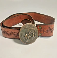 Vtg Bergamot Brass Works A72 Belt Buckle Village Scene Fiddle 37" Tooled Leather