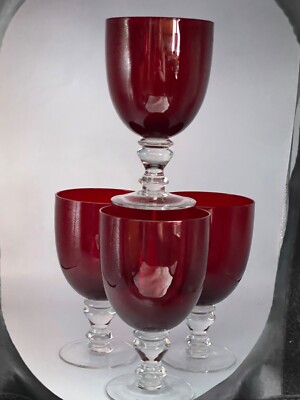 4, Ruby red water/ wine glass, clear stem 16 oz.