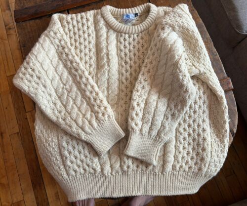 J Press Sweater Mens L Cream Ireland Wool Cable Knit Crew Worn Amazing! NR - Imagen 1 de 10