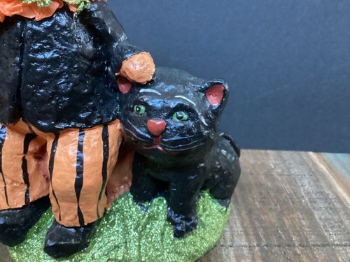 Vintage Halloween Pumpkin Head Figure w/ Black Cat Folk Art Primitive Style - Picture 3 of 7