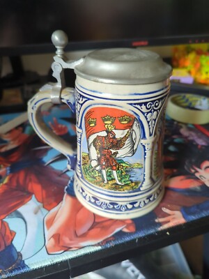Vintage handbemalter Fahnenträger deutscher Deckel Bierstein/Krug Rein Zinn Zinn