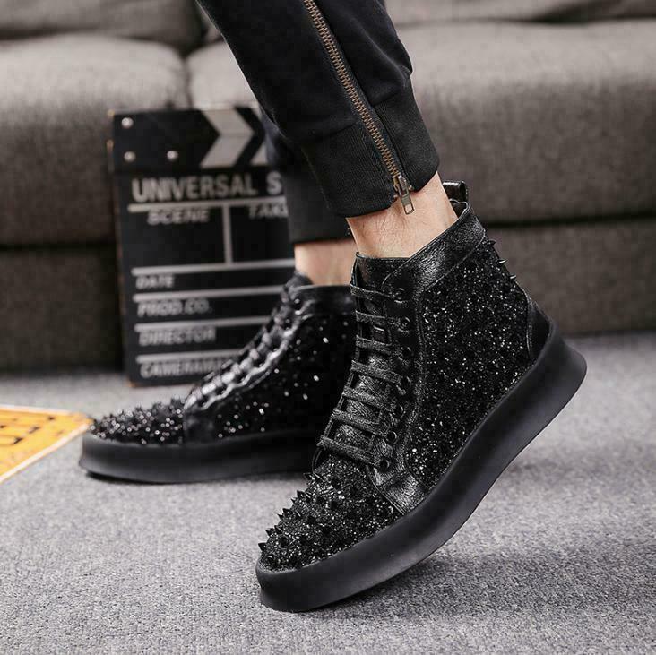 Mens Punk Rivet Sequins Shiny Lace Up Athletic Studded High