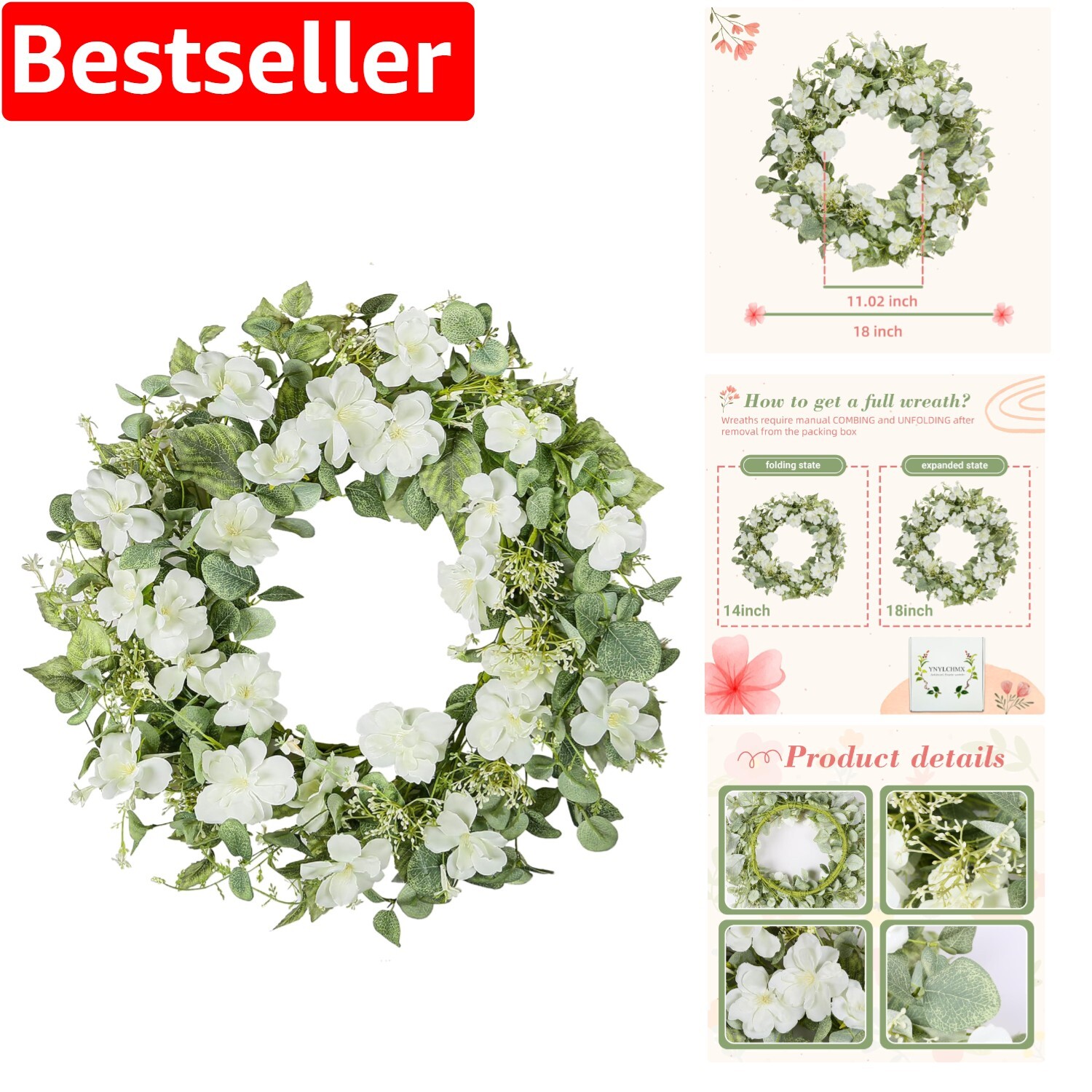 18-Inch Spring Wreath with White Roses and Eucalyptus for Versatile Home Decor