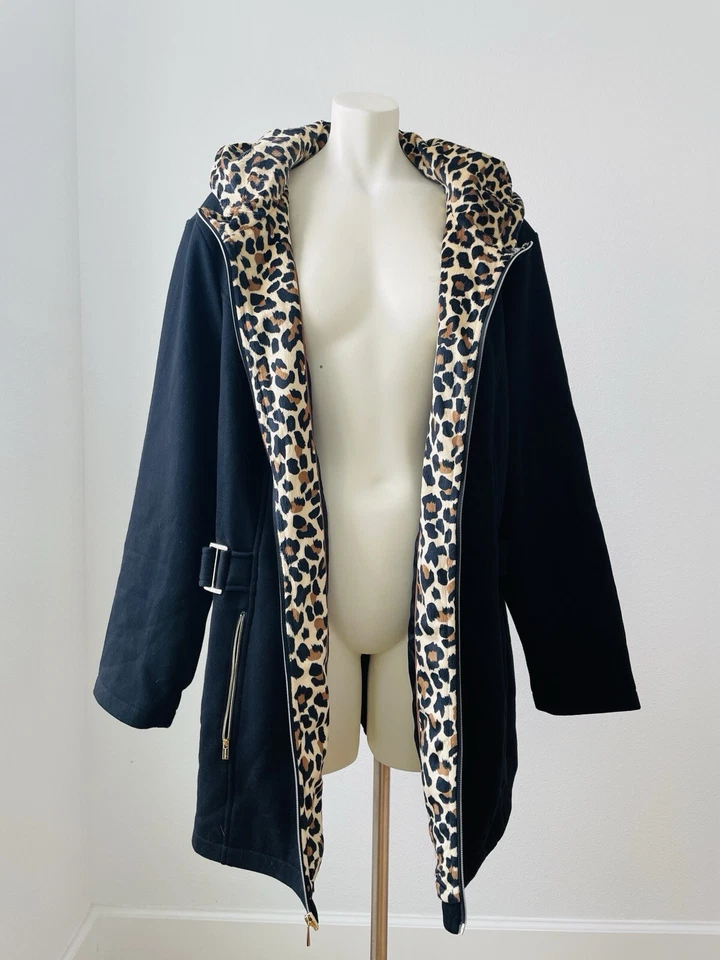  Chaqueta polar Susan Graver con capucha estampada de animales negra 3X nueva sin etiquetas Foto 2 de 4