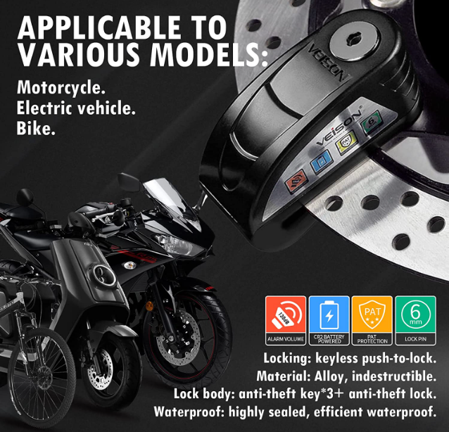 "Motorcycle AntiTheft Alarm System 130db Disc Lock for Ebike, Moped