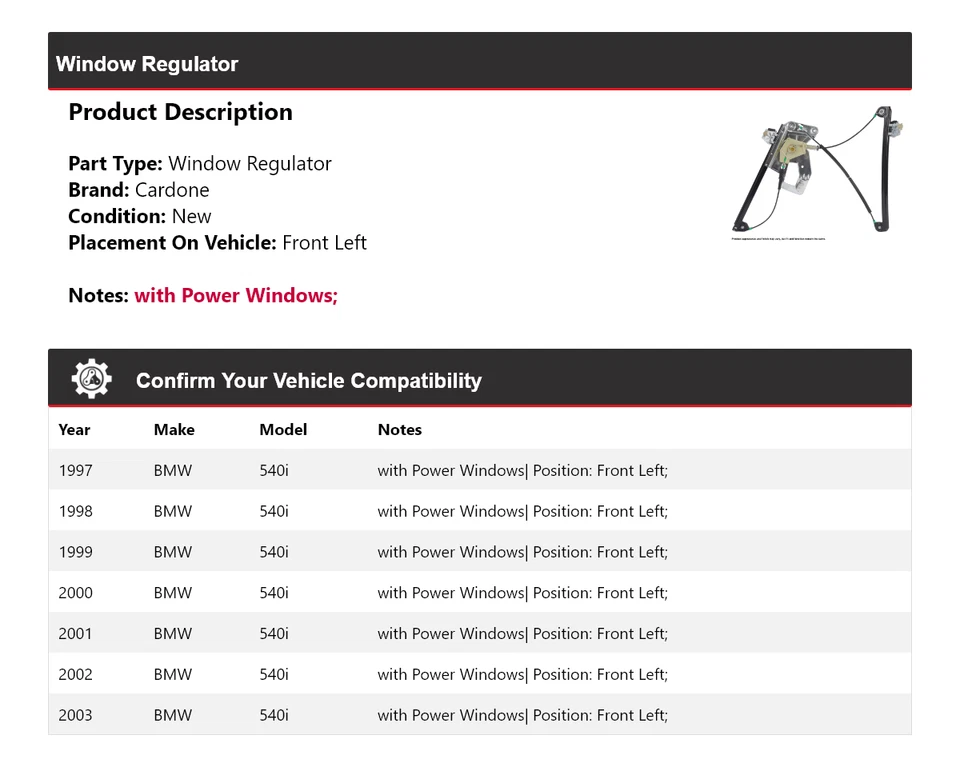 Regulador de ventana delantero izquierdo cardone 1998 1999 2000 2001 bmw 540i 1997-2003 Foto 2 de 4
