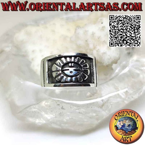 Anello in Argento 925‰ fascia larga crescente con sole mistico azteco a bassoril - Foto 4 di 4