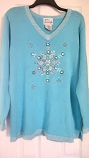 The Quacker Factory Turquoise Sequin Christmas,Snowflake, Lg Ugly Sweater,V neck