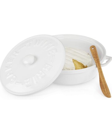 Twine Ceramic Brie Baking Dish with Acacia Wood Spreader, White - New In Box