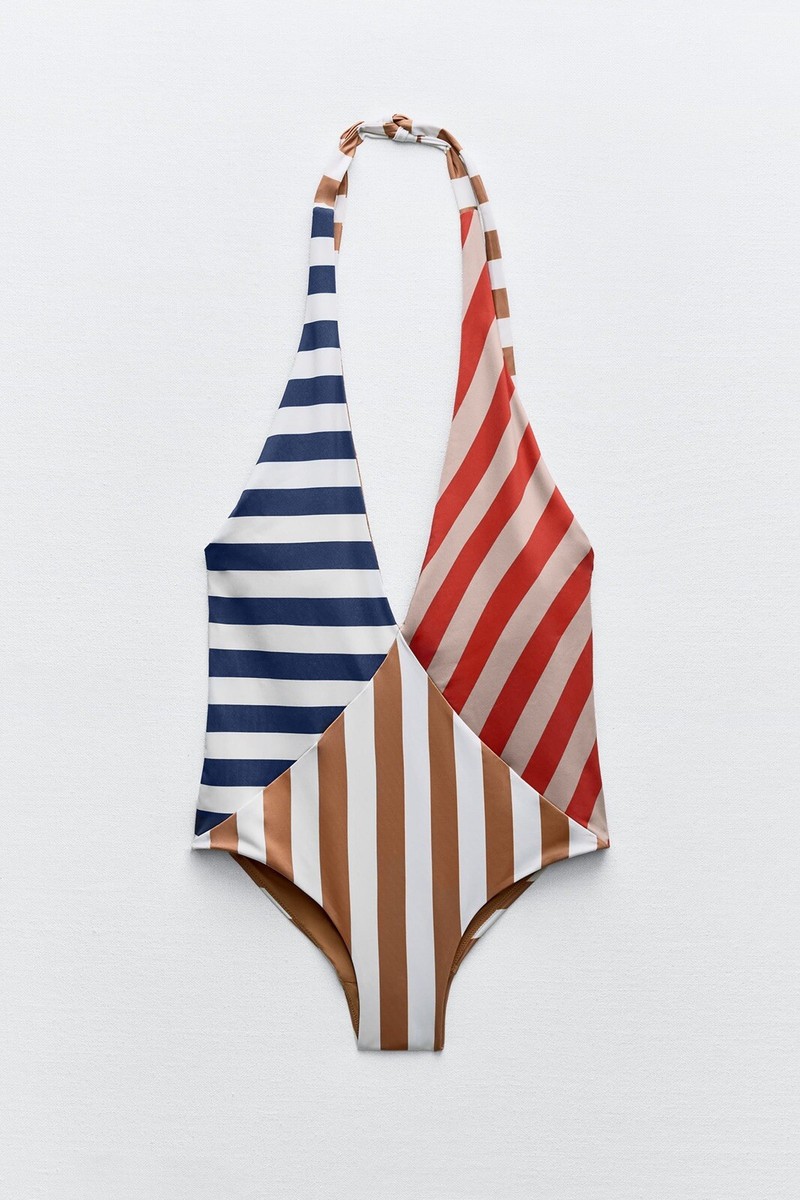 ZARA マルチウェイホルタービキニトップ 2910/208 Zara STRIPED HALTER SWIMSUIT Multicolored Size XL New | eBay