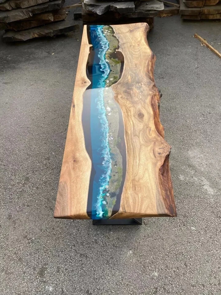 Epoxy Dining Table, Custom 30” x 12” Walnut Blue, Turquoise Epoxy Console Tables - Image 4 of 4
