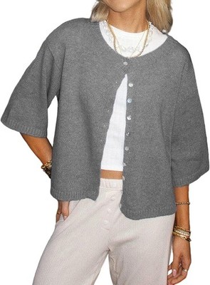 Leichte Damen Strick Strickjacke mit Knopfleiste Kurzarm Rundhals Pullover