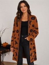 SHEIN Halloween Brown Pumpkin Witch Hat Longline Open Front Cardigan Size Large