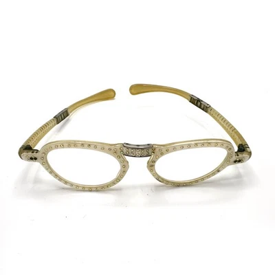 1950s Pearlized Foldable Rhinestone Cat Eye Glasses - Image 1 of 4