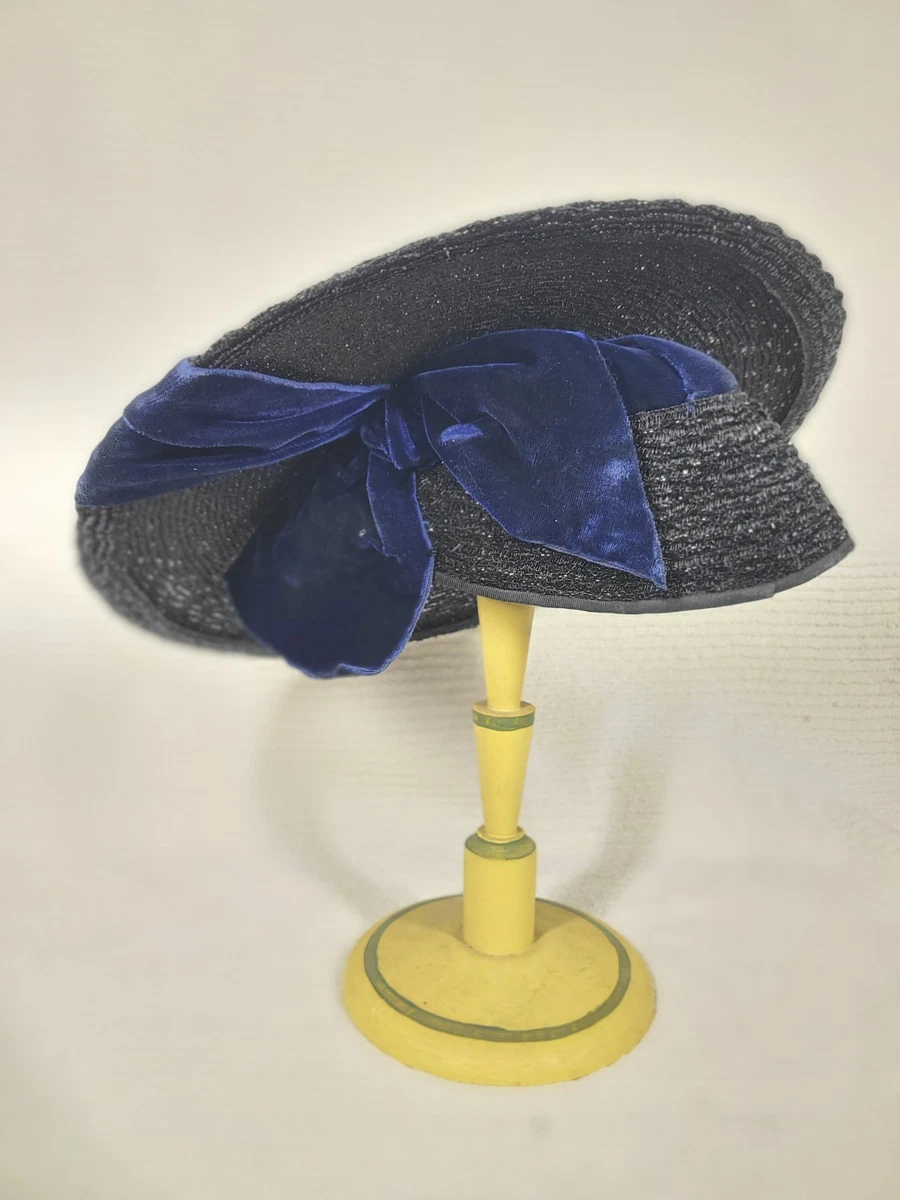 Vintage 1940s Saucer Hat Black Woven Straw Blue Silk Velvet Cloche Tilt Unique Vintage 1930 main image 4