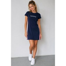Tommy Hilfiger Navy T Shirt Dress Logo Stripe Athleisure Preppy Mini