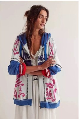 Free People Royals Hoodie We The Free Floral Graphic Queen #7  Ivory Combo S NEW