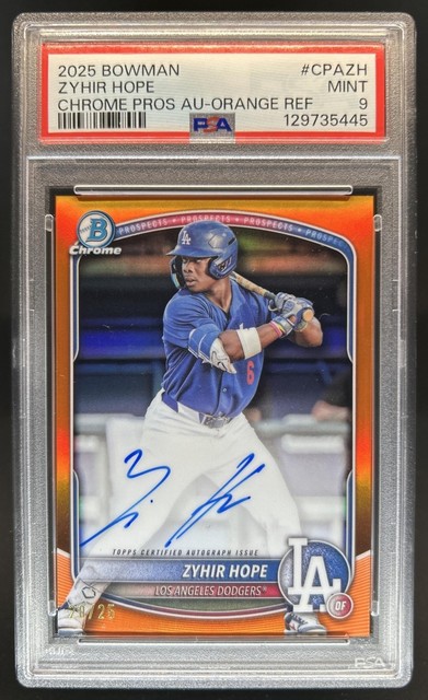 2025 Bowman Zyhir Hope Chrome Prospect Auto Orange Refractor #/25 Dodgers PSA 9