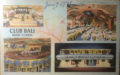 Club Bali, Restaurant Bar Lounge, Biscayne Blvd, Miami, FL Linen Postcard 1941