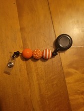 Handmade Sparkly Orange Beaded Badge Reel Retractable ID Holder w/ Clip