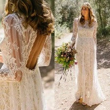 Vintage Boho Beach Wedding Dress Lace Long Sleeve Backless Chic Bohemia Bridal
