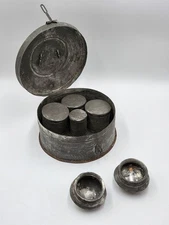 1800s Antique Toleware Apothecary/ Medicine Mixing Box, W Canisters in Round Tin