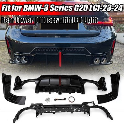 Fits 23-2024 BMW 3 Series G20 LCI Gloss Black Rear Lower Diffuser with LED Light