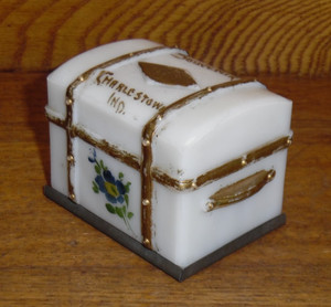 Antique Milk Glass Trunk Candy Container - Souvenir Charlestown Indiana - 2.75"