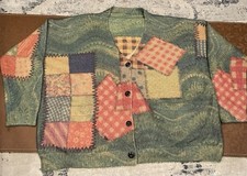 Women  s Wool blend Graphic Patchwork Cardigan XL Soft