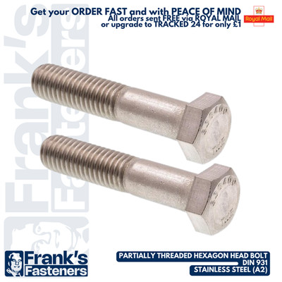 M10 ( 10mm) SECHSKANTSCHRAUBE TEILGEWINDE   A2 304 EDELSTAHL   DIN 931