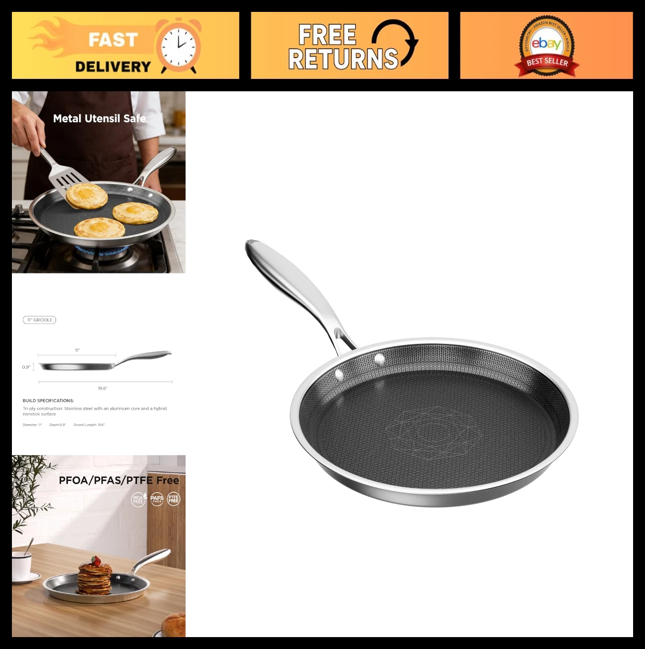 11" Round Griddle Pan - 3-Ply Stainless Steel, Non-Stick, Stay-Cool Handle, Indu