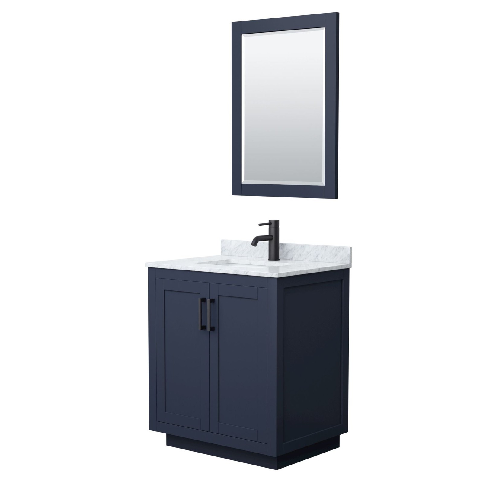 Wyndham Collection Miranda 30-Inch Bathroom Vanity in Dark Blue and White Carrara Marble  