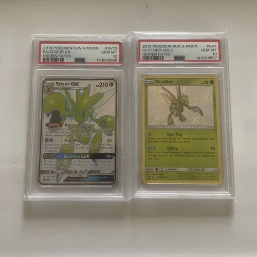 PSA 10 Scizor GX SV72 + Scyther SV1 Hidden Fates Shiny Vault Gem Mint Duo