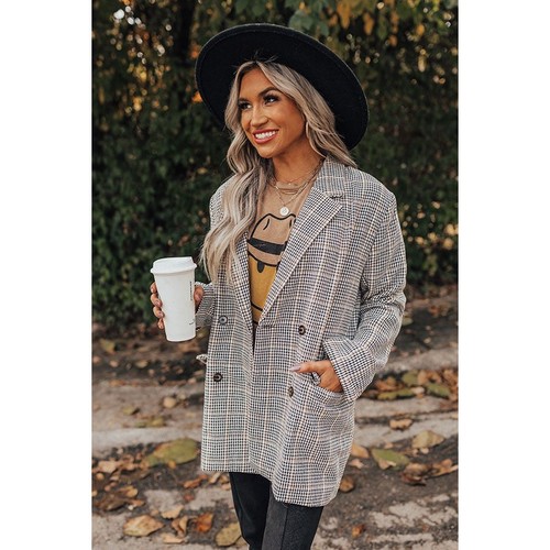 Promesa Houndstooth Blazer Women Large Tan Black Oversized Boxy Double Breasted
