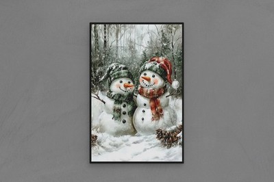 Two Snowman with Hats Image, Winter Scene, Canvas Print, Wall Art Home Decor