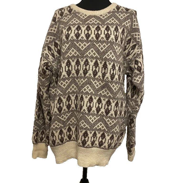 Винтажный Henry Grethel 100% Шетландская шерсть свитер мужской абстрактный коричневый слоновой кости - Изображение 3 из 4
