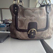 Coach Beige Brown Logo Shoulder Bag Buckle Accent Gold Hardware Designer