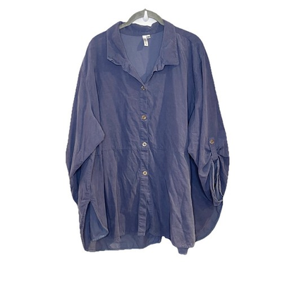 #ad #ad Kleen Corduroy Blue Tab Sleeve Button Front Long Sleeve Lagenlook Cotton 2X $31.45