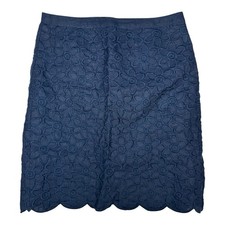 Talbots Navy Blue Linen Eyelet Skirt Womens 8 Lined Floral Embroidered Scallop
