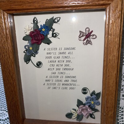 Vintage Paper Quilling Framed Wall Art Sister Verse Oak Shadow Box 6x8 Handmade