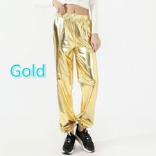 Damen Metallisch Glänzend Haremshose Hose Elastisch Waistwet Look Baggy Tanzclub