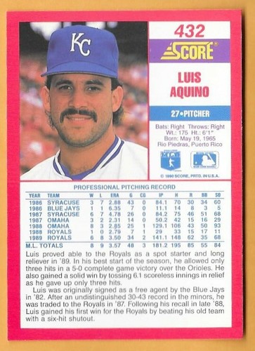 LUIS AQUINO KANSAS CITY ROYALS #432 - SCORE NM-MT 1990 - Picture 2 of 2