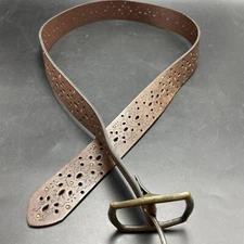 Dark Brown Faux Leather Belt Laser Cutouts Mini Studs Sz Large Bronzed Buckle