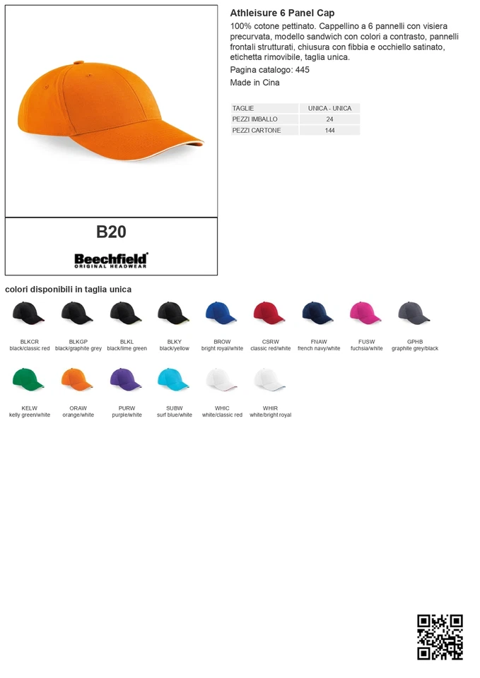 BEECHFIELD Cappello con Visiera 6 Pannelli Sandwich Nero e Rosso in Cotone B20 - Immagine 2 di 2