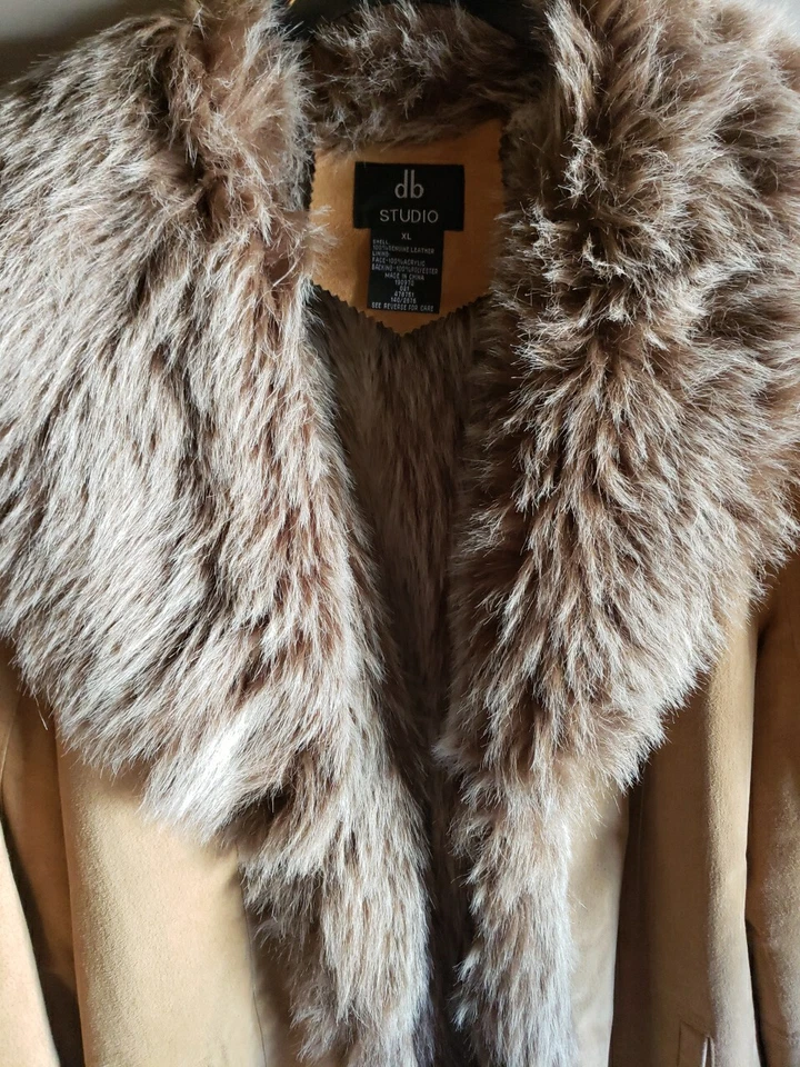 Vintage DB Studio Vintage Leather Jacket Womens XL Faux Fur Camel Knee Length - Image 2 of 4