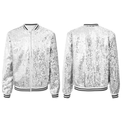 Girls Sequin Jacket Glitter Zipper Bomber Jacket Hip Hop Performance Costume - Picture 20 of 101
