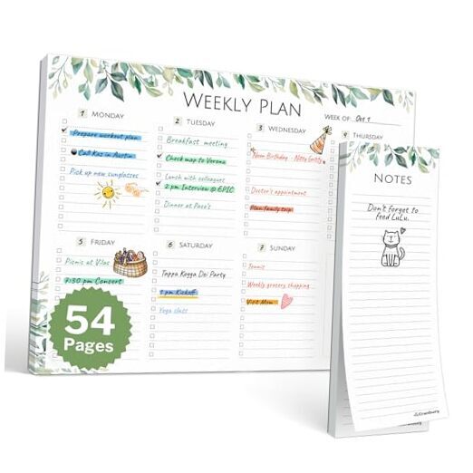 8.5x11 Weekly Planner Notepad, 54 Tear-Off Pages, Leafy Weekly Plan (Large)