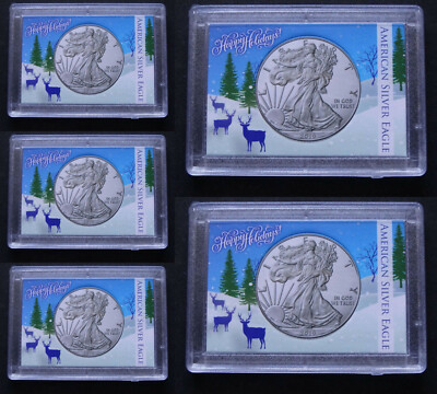 5 American Silver Eagle Frosty Case Snaplock Coin Holder 2X3 Deer Happy Holidays